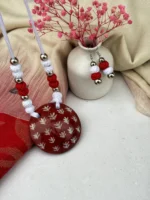 Handpainted Terracotta Jewellery Set - Red & White