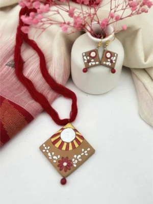Handpainted Terracotta Jewellery Set - Red & Brown