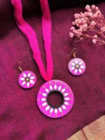 Handpainted Terracotta Jewellery Set - Pink & White